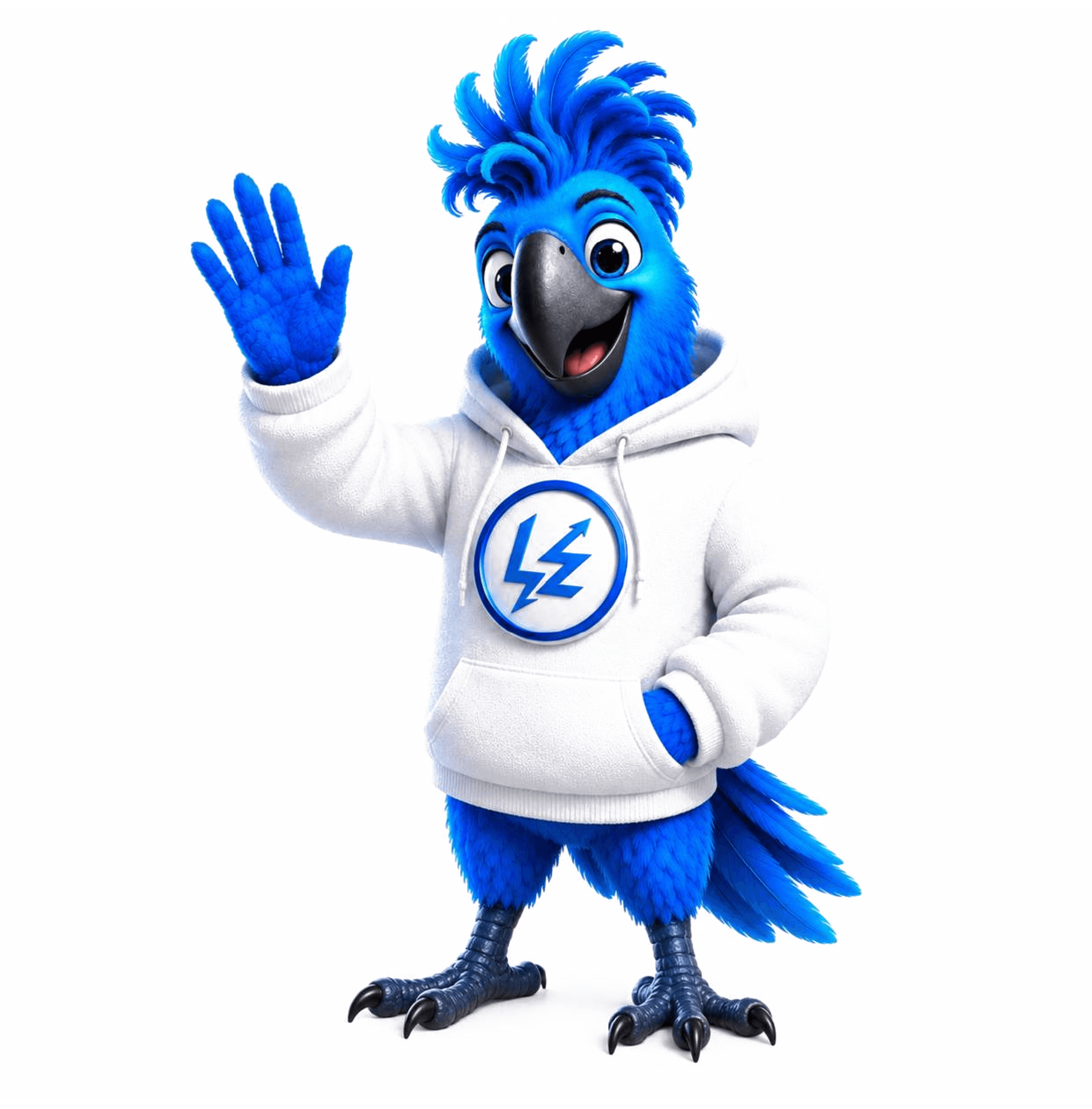 Zingy, the LeadZing mascot, standing confidently in a LeadZing hoodie with one hand raised in greeting